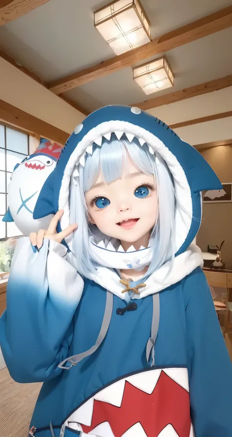 Real life adaption of this character , Korean beauty face, happy expression, her mouth is open,realistic same hair,multi colored hair,(realistic same outfit) ,there is a cute shark doll on her shoulder,realistic same background , realistic light, realistic...