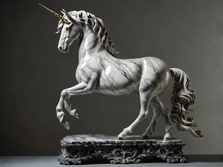 Marble Unicorn Sculpture, whole body, full pose, black and white marble unicorn, work of sculptor Francesco Chirolo, complete imitation of the style of Francesco Chirolo, complex parts, very detailed description, accurate transmission, high detail, dark ba...