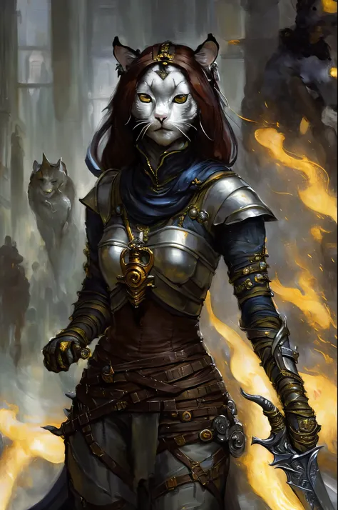 modelshoot style, (extremely detailed CG unity 8k wallpaper), full shot body photo of the most beautiful artwork in the world, short cute female (Tabaxi), (thief, rogue, killer), mace, swirling magic, medieval era, portrait painting by Titian, Rembrandt va...