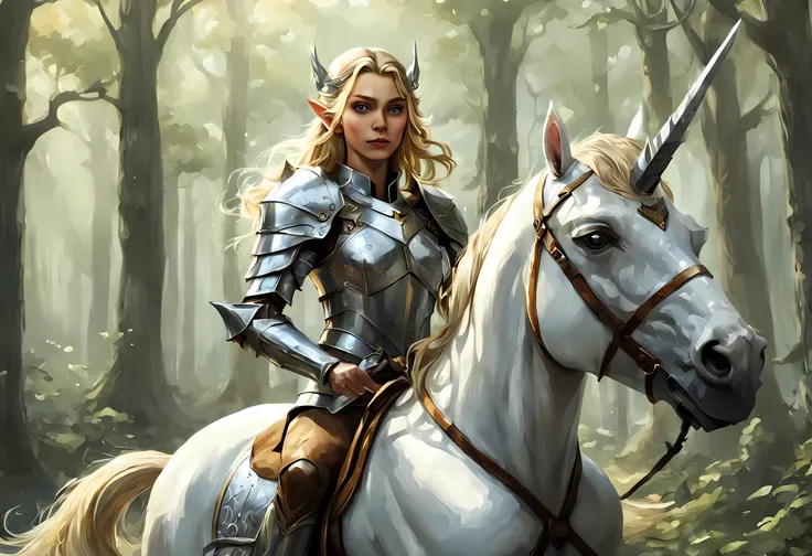 a illustration of a beautiful female elf knight riding a unicorn in the forest, female elf knight, extremely beautiful female el...