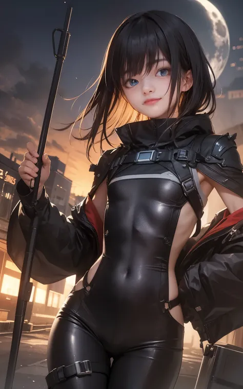 masterpiece, high-resolution, 8k, 4k, best quality, highest_detailed, dark mid night, neon city,  cinematic moon light, 1girl, japanese young cute girl, beautiful cute moe face, smirk, ultra-detailed eyes, slender, flat chest, assassin, technical tools, bo...