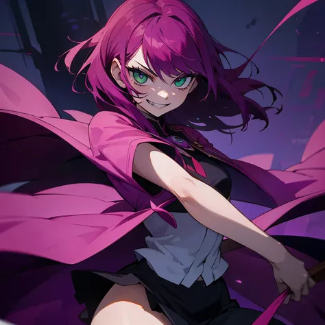 1 girl, dark pink hair, green eyes, beautiful girl, villain, grin, psycho, psycho smirk, straight hair, (((noble cloth))), short skirt, purple cloth 