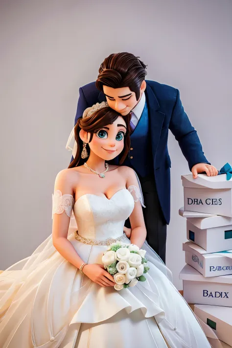 bride and groom posing for a photo in front of a stack of boxes, wedding photos, cute couple, professional wedding photosgraphy, photo shoot,  , bride and groom, Beautiful and elegant, wedding photosgraphy, couples portrait,Disney Pixar