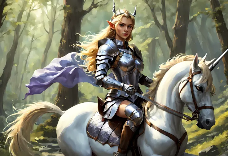 a illustration of a beautiful female elf knight riding a unicorn in the forest, female elf knight, extremely beautiful female el...