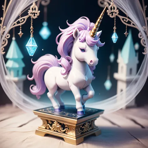 fantasy unicorn, cute unicorn nendoroid, on a crystal pedestal, (masterpiece), (highest quality), (ultra high detail)