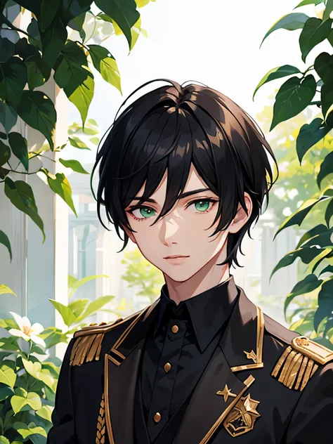 male, young male, male black hair, green eyes, idol uniform, photo shoot in flower garden, realistic light and shadow, soft lighting, very detailed 