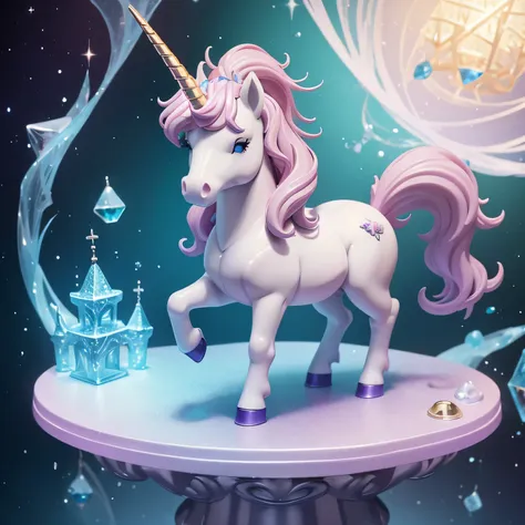 fantasy unicorn, cute unicorn nendoroid, on a crystal pedestal, (masterpiece), (highest quality), (ultra high detail)