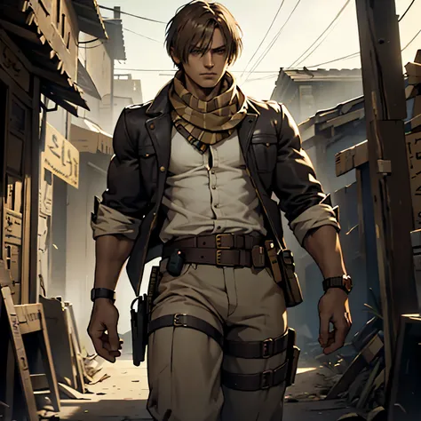 leon kennedy, stern, facing camera, egypt, egyptian city, old times, explorer outfit, white button down shirt, scarf, pants, bel...