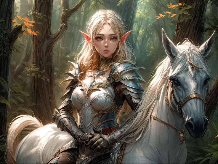 speedpainting a illustration of a beautiful female elf knight riding a unicorn in the forest, female elf knight, extremely beaut...