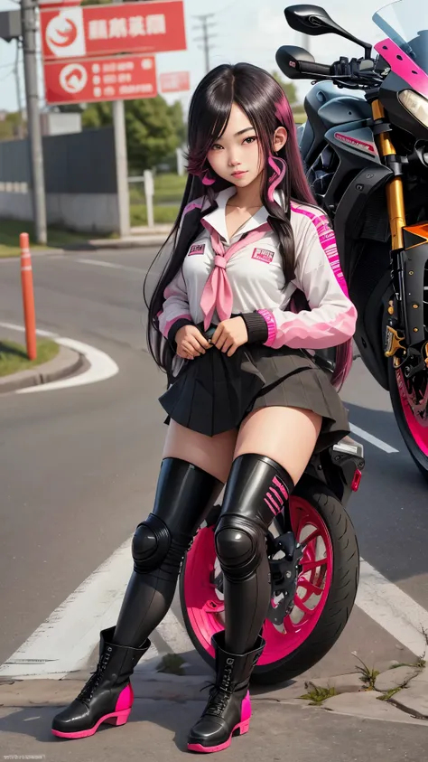 16 year old girl,long hair,Black hair with pink highlights,Dont tie your hair.,Japanese school uniform,black boots,bright pink eyes,tan skin,Big bike,Ducati Superbike, Ducati,Load the motorcycle 