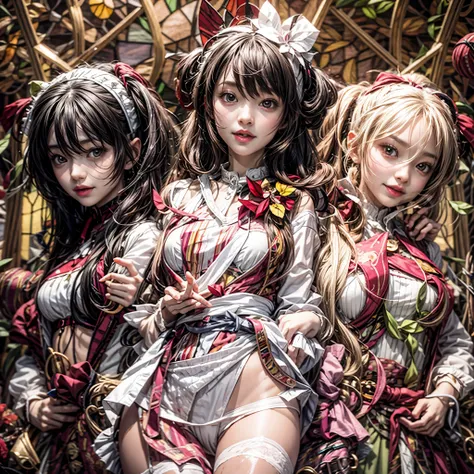 (sfw, White and Red, Acutance:0.8), Masterpiece, (realistic and ((photorealistic:1.37)) with touch of rawness). A group of KAWAII girls in loose opened uniform without bra . (extremely detailed KAWAII face variations, joyful expression variations), { Navel...