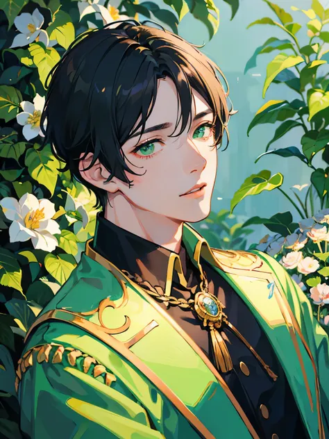 male, young male, male black hair, green eyes, idol uniform, photo shoot, anime portrait, flower garden background, realistic li...