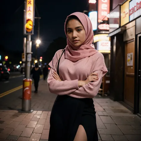 cinematic photo cinematic film still,pink hijab,full body  photo of the most beautiful woman in Indonesia wearing pink hijab and black sweater, shallow depth of field, vignette, highly detailed, high budget Hollywood movie, bokeh, cinemascope, moody, epic,...