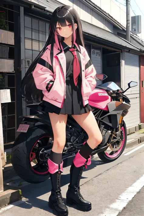 16 year old girl,long hair,Black hair with pink highlights,Dont tie your hair.,Japanese school uniform,black boots,bright pink eyes,tan skin,Big bike,Ducati Superbike, Ducati,Load the motorcycle,Height 160