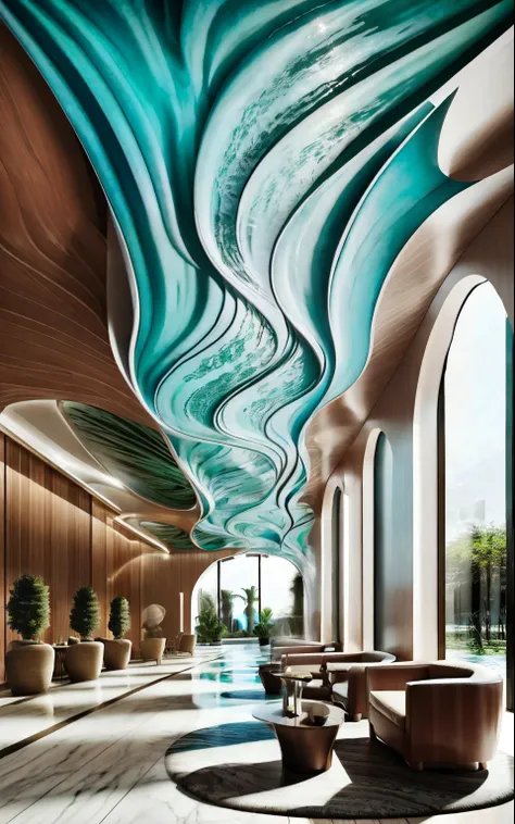 hotel lobby with water wave ceiling, (photorealistic:1.2)，ocean style theme