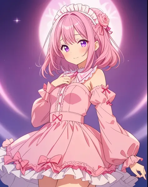 1girl, frilly dress pink, (sleeves past wrists, sleeves past fingers), moesode, hurray, pink gair, purple eyes