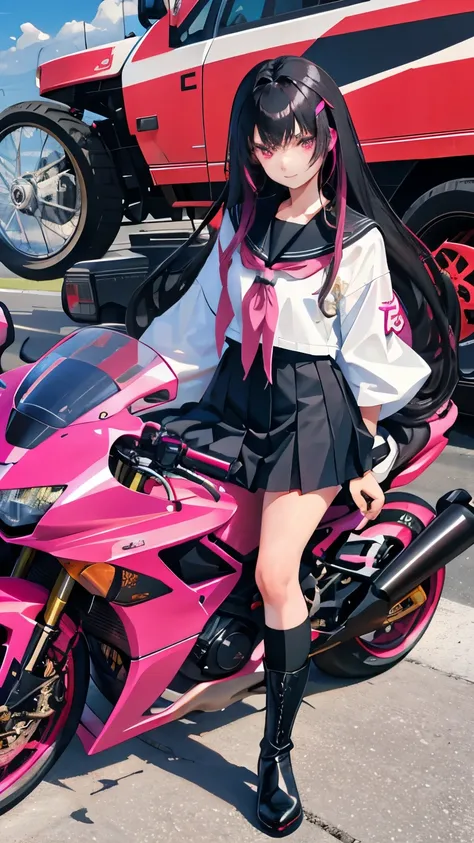 16 year old girl,long hair,Black hair with pink highlights,Dont tie your hair.,Japanese school uniform,black boots,bright pink eyes,tan skin,Big bike,Ducati Superbike, Ducati,Load the motorcycle