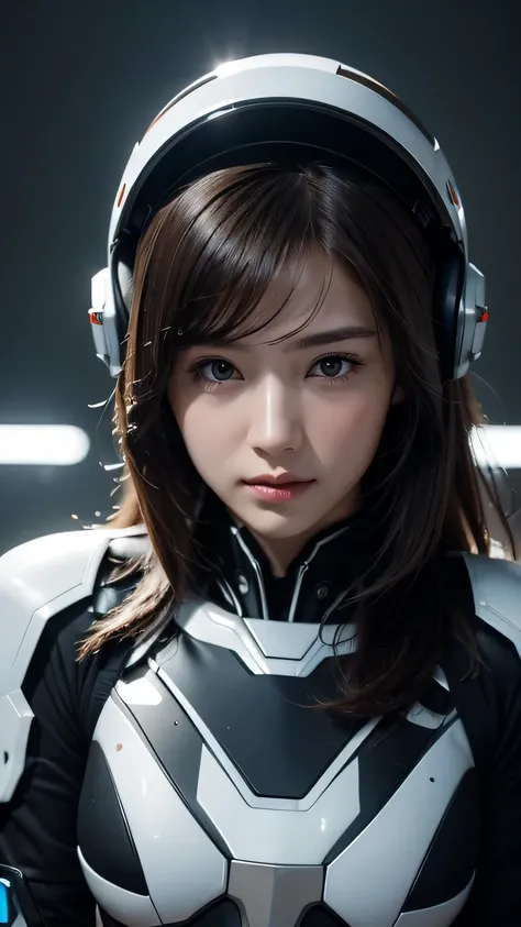 best image quality, excellent details, 超High resolution, (fidelity: 1.4), best illustrations, Favor details, High concentration of 1girls, With a delicate and beautiful face, dressed in black and white mecha, Wearing a mecha helmet, Have a direction contro...