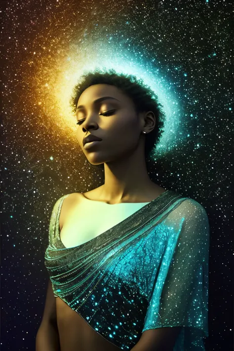 In the stillness of an empty, dark room, a black woman lies asleep, cradled by the inky abyss. Her serene features are etched in intricate detail, each curve and contour highlighted by the ethereal glow of the universe within. The room is illuminated not b...