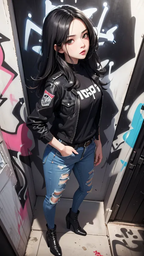 ((Highly detailed CG unit 8k wallpaper, masterpiece, High resolution, highest quality)), (Beautiful woman with medium hair, put one&#39;s hand in one&#39;s pocket:1.5, grunge fashion, blouson, Wearing skinny jeans:1.2, high heels:1.2), ((highly detailed fa...