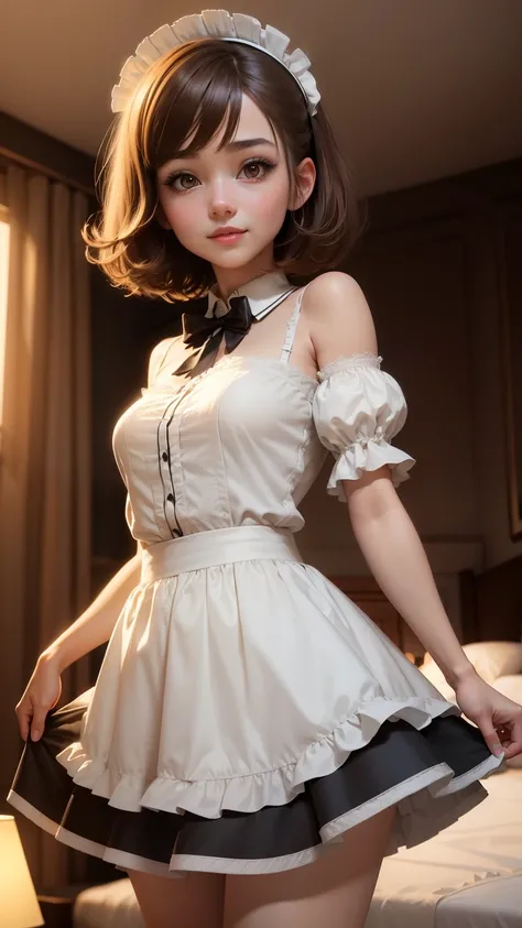 highest quality, masterpiece,  1 girl, light smile, dramatic lighting, from below、maid cosplay、mini skirt、Light Brown Short Bob Hair、bedroom、3D rendering