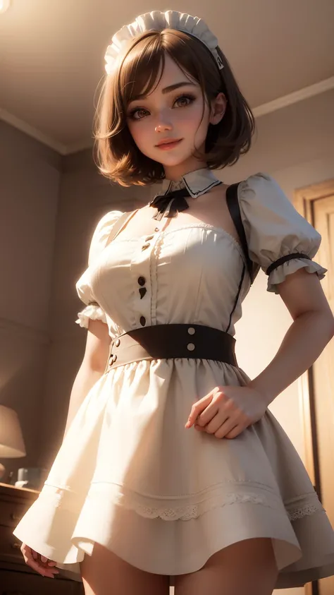 highest quality, masterpiece,  1 girl, light smile, dramatic lighting, from below、maid cosplay、mini skirt、Light Brown Short Bob Hair、bedroom、3D rendering