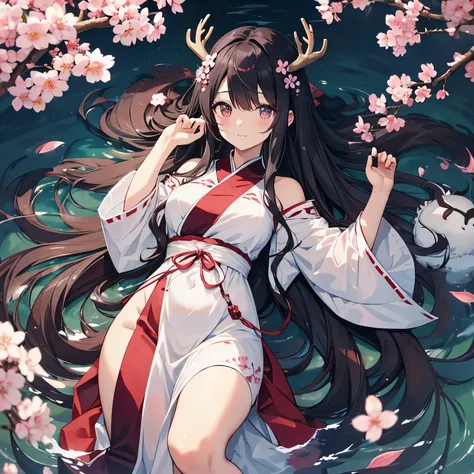 Cherry Blossom，black hair，long hair，water，water面に寝転んでいる，Cherry colored eyes，deer with large white horns，dragon，null，god々New，