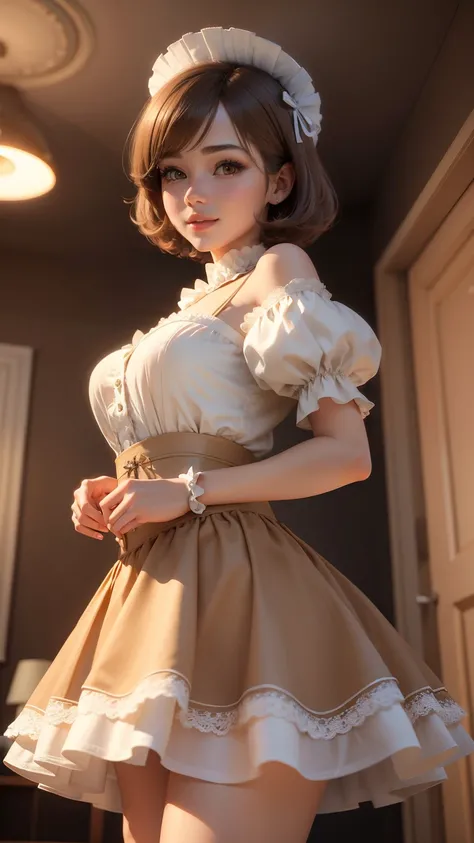 highest quality, masterpiece,  1 girl, light smile, dramatic lighting, from below、maid cosplay、mini skirt、Light Brown Short Bob Hair、bedroom、3D rendering