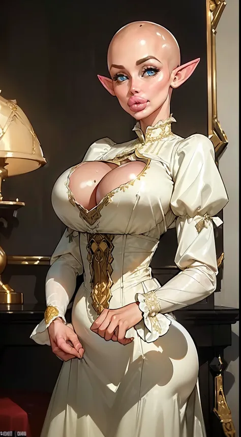 (((1girl:1.8))), ((tunic:1.5)) ((off the shoulder tunic)),  style, ((brown color palette)), anime style, (((elf))) (((Victorian dress:1.5))) (((smoldering eyes))), ((bald:1.5)), ((no hair:1.5)), 8k, 4k, Unreal Engine 5, octane render, trending on pixiv, ((...