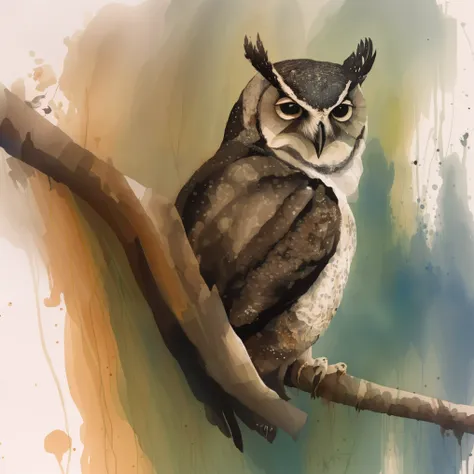 a watercolor painting with a white background rachelwalker style an owl in the evening