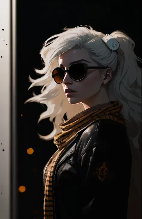 (dark shot:1.1), epic realistic, portrait of halo, sunglasses, blue eyes, tartan scarf, white hair by atey ghailan, by greg rutkowski, by greg tocchini, by james gilleard, by joe fenton, by kaethe butcher, gradient yellow, black, brown and magenta color sc...