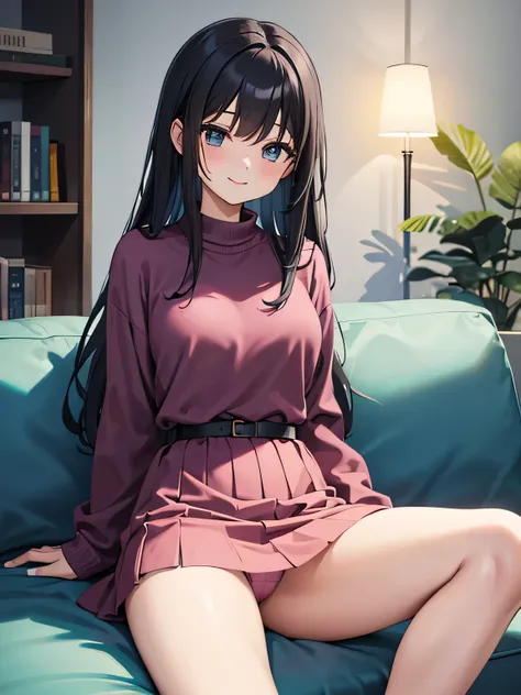 (1) A woman is sitting alone on a sofa in the living room. Her pink panties are almost visible between her thighs and skirt.
(2) The woman is wearing a blue long-sleeved mini dress.
(3) she has long black hair.
(4) Her expression is a smile; She is 29 year...