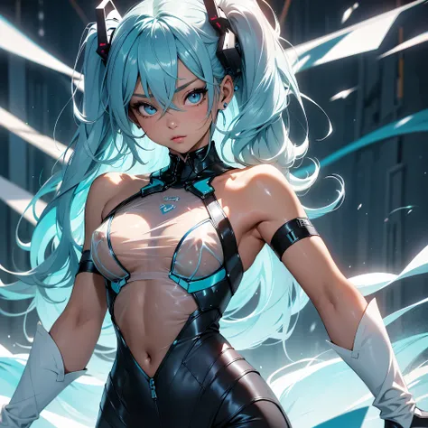 (quality)), ((masterpiece)), Recommended results、Puffy nipples、(see through:1.5)、straighten your back、abdominal muscles、huge bust、angle to floor:1.2、low camera angle、Hair loss on crotch，Hatsune Miku，top quality、顶级图像quality、​masterpiece、、The broken cyber su...