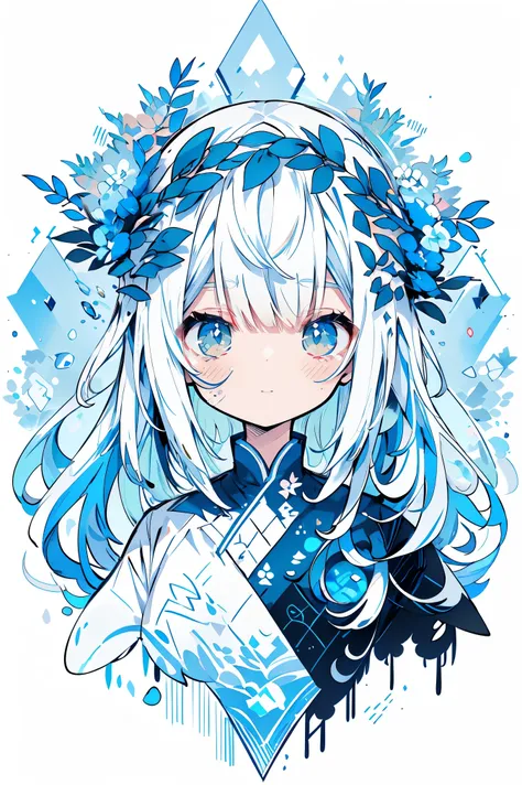 (White background:1.4)，(Nature Illustration Water:1.3，paper art:1.3, Quilted Paper Art:1.2),( Reasonable design, Clear lines, High Sharpness,Best Quality, Very detailed, masutepiece, Movie Light Effects, 4K )(white petals、Blue petals:1.0)、Lots of flowers f...