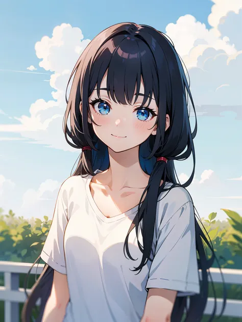 1girl, rating:safe, solo, blunt_bangs, sky, long_hair, cloud, smile, upper_body, day, bangs, shirt, blue_theme, blue_eyes, blush, outdoors, blue_sky, short_sleeves, collarbone, closed_mouth, white_shirt, t-shirt