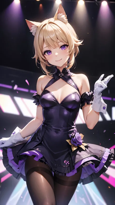 Lynette, genshin impact, smiling, cat ears, small breasts, ((purple eyes)), panties, pantyhose, purple dress, white gloves, cutout, stage,spotlight, revealing dress, blonde