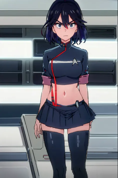 (((pixel-perfect, detail-perfect))), solo, 1girl,  ryuuko matoi,  serafuku, suspenders, navel, closed mouth, v eyebrows, looking at viewers ttldunf uniform