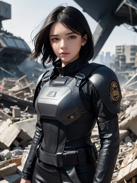 A beautiful woman with a serious expression while looking at the camera. Black hair. Twenty years old. The woman is wearing a black metallic combat uniform. In the background of the woman is a city that has been reduced to a pile of rubble. There is a smal...