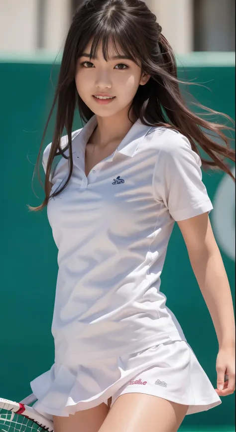 (8K, highest quality, masterpiece: 1.2), (realistic, realistic: 1.37), Super detailed, 1 girl, 18-year-old, White undercoat、、white panties、beautiful panties、big, beauty, cute, smile, alone, tennis wear, mini skirt, White undercoat、beautiful thighs、Beautifu...