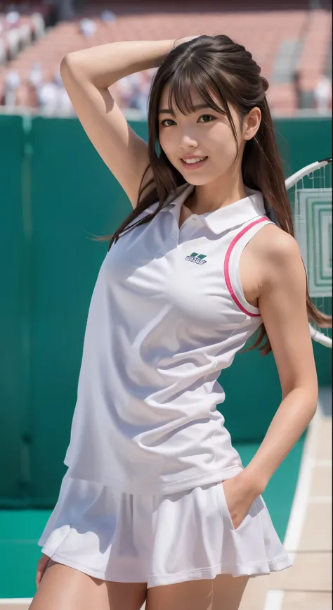 (8K, highest quality, masterpiece: 1.2), (realistic, realistic: 1.37), Super detailed, 1 girl, 18-year-old, White undercoat、、white panties、beautiful panties、big, beauty, cute, smile, alone, tennis wear, mini skirt, White undercoat、beautiful thighs、Beautifu...