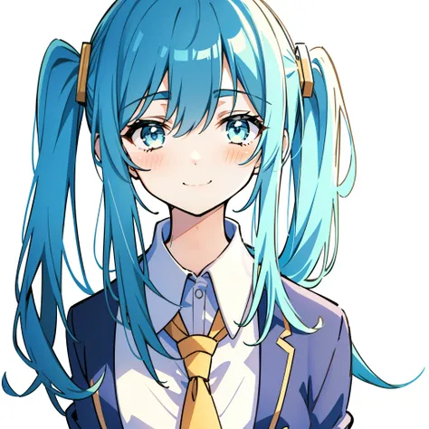 1girl, rating:safe, solo, long_hair, blue_hair, upper_body, striped, looking_at_viewer, smile, shirt, bangs, jacket, eyebrows_vi...