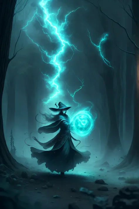 a traditional witch in a forest, at nighttime, conducting a magic ritual, magic power flowing around her, v0id3nergy, lightning ...