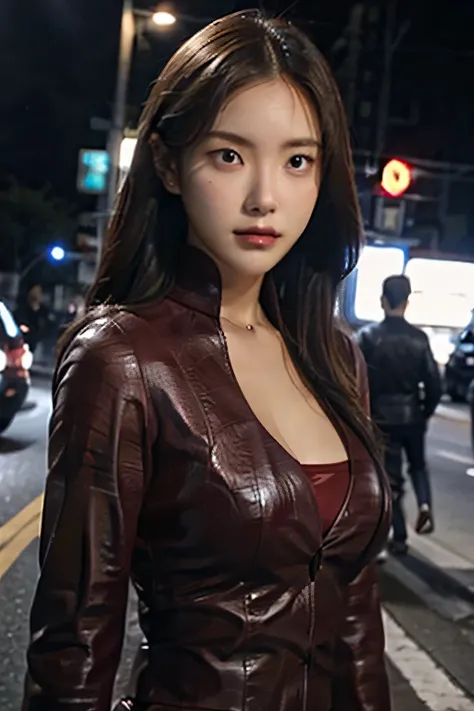 best quality, realistic, front pov, KristannaTX at a city street, night time, dark, (a female Korean supermodel), (wine red leather jacket:1.0), cleavage, big breasts, seductive smirk, (long hair), (dark hair) (straight hair:1.1), perfect face, perfect eye...