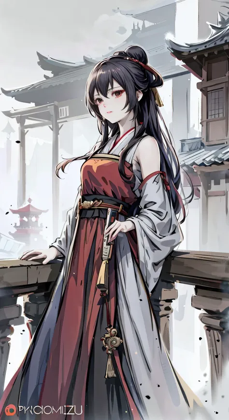 Anime girl wearing red dress，Holding a fan in your hand, Palace ， A girl in Hanfu, Guweiz in Pixiv ArtStation, Guweiz on ArtStation Pixiv, trending on cgstation, Guviz-style artwork, Guviz, guweiz masterpiece, by Yang J, flowing hair and long robes,more de...