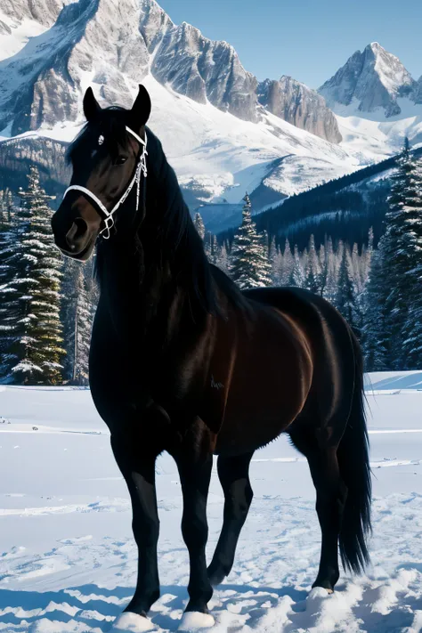 A breathtaking scene of a majestic black horse standing against the backdrop of the frozen mountains. The horses thick, glossy black mane and tail contrast beautifully with the pristine white snow surrounding it. The horses powerful and sturdy build is evi...