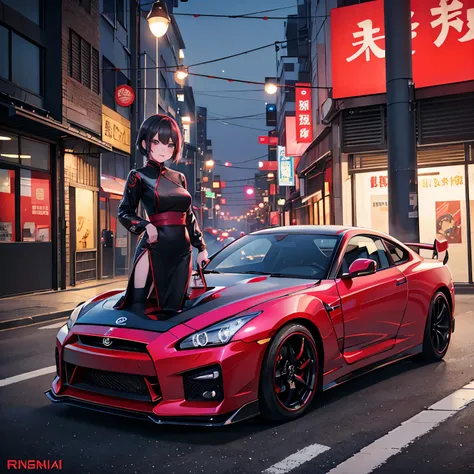 Kunoichi wearing cheongsam, standing in street night scene,beside sport car nissan gtr r34, light from behind, looking at camera, sexy body, proposional body, hand playing her hair, eyes wink to camera, flittering 