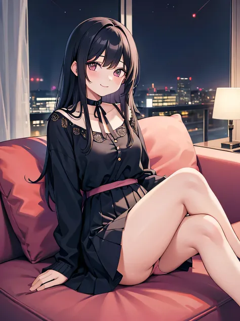 (1) A woman is sitting alone on a sofa in the living room. Her pink panties are almost visible between her thighs and skirt.
(2) The woman is wearing a blue long-sleeved mini dress.
(3) she has long black hair.
(4) Her expression is a smile; She is 29 year...