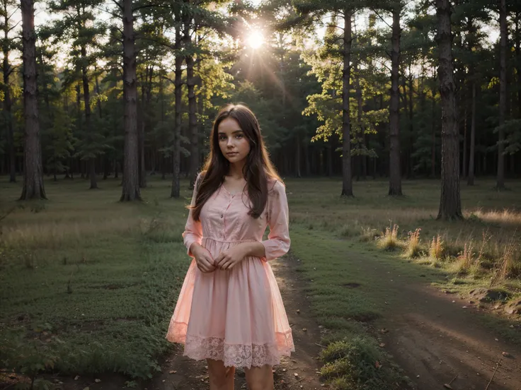 young woman looking at camera, pink dress, forest, spring mysterious atmosphere, bright sunset