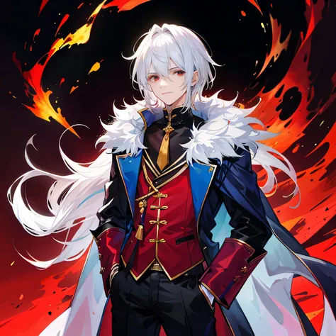 A man，Handsome，spiky White Hair,  nightcity，Sateen，Blindfold,  Wizard Millitary Chinese coat，Put your hands in your pockets