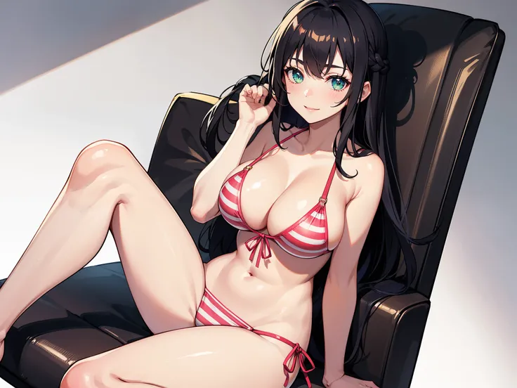 1girl, front-tie_top, swimsuit, breasts, bikini, solo, long_hair, black_hair, smile, front-tie_bikini, green_eyes, rating:safe, large_breasts, blush, collarbone, looking_at_viewer, striped, cleavage, sitting, pink_bikini, white_background, shiny, simple_ba...